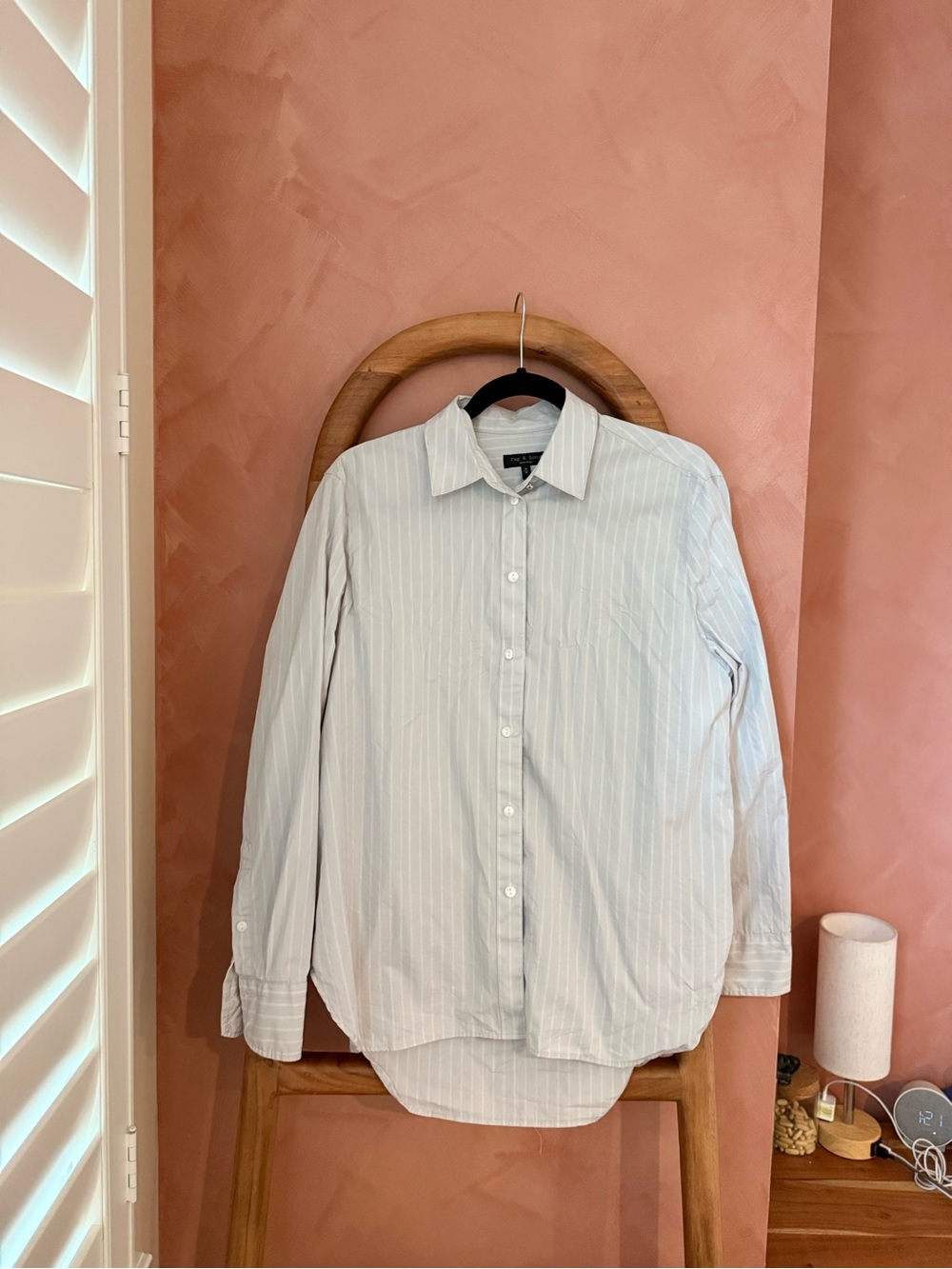 Rag & Bone Women’s Light Gray Pinstripe Dress Shirt — Tailored Long Sleeve